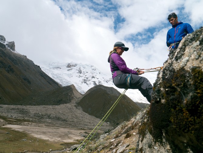 Practicing rappelling at base camp 
